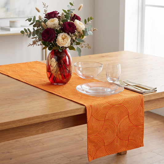 Kashidakaari Tangerine Table Runner | Modern Retro Geometric Embroidery | Cotton | 4 & 6 Seater