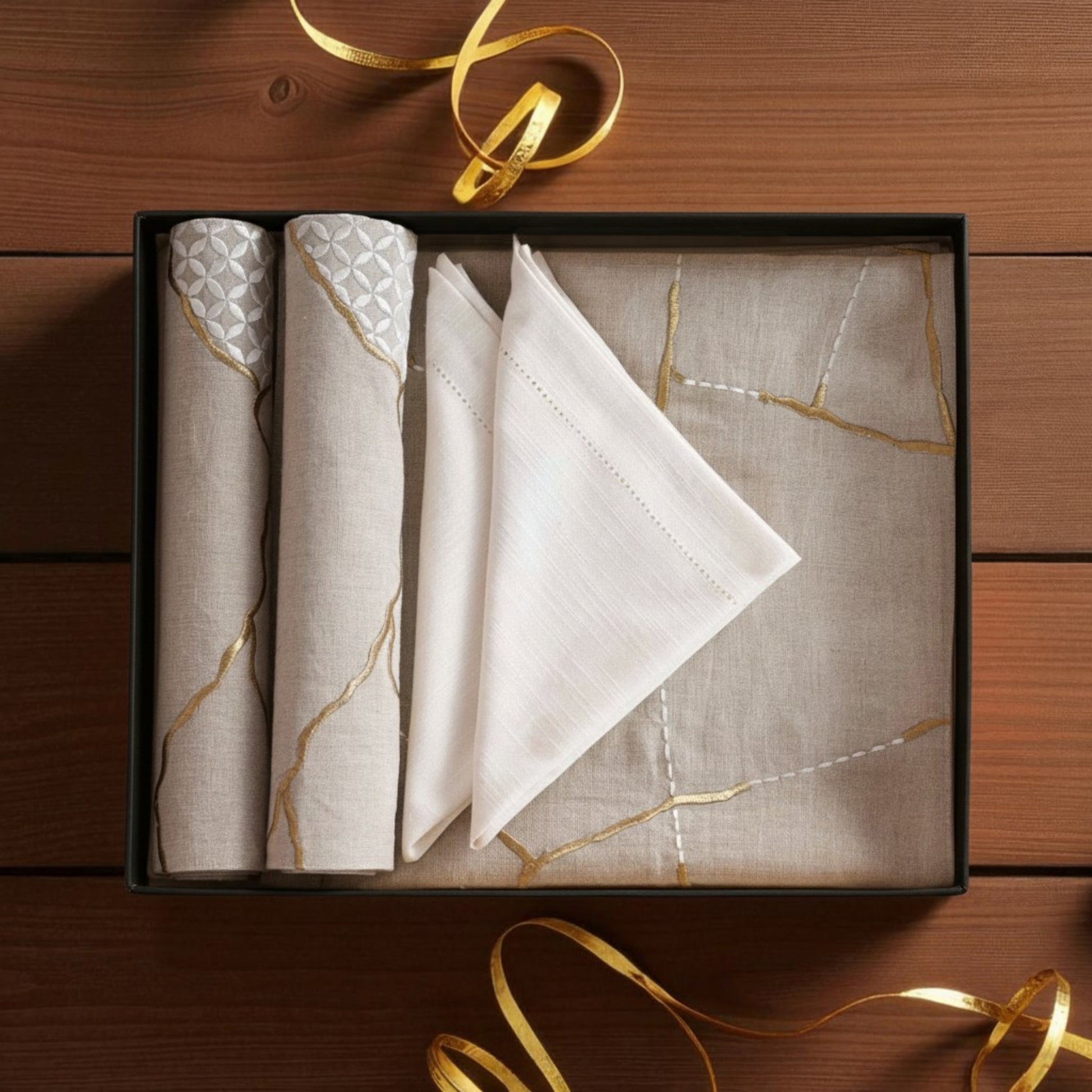 KINTSUGI Table Linen GIFT PACK - Linen and Cotton with Gold Zari and White Silk Embroidery - Vliving
