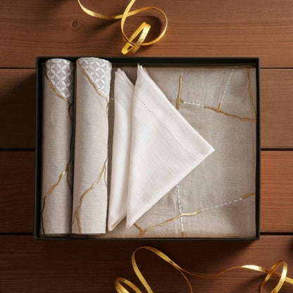 KINTSUGI Table Linen GIFT PACK - Linen and Cotton with Gold Zari and White Silk Embroidery - Vliving