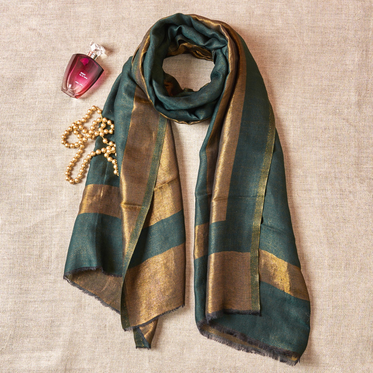Peacock Green fine wool scarf with gold zari border, reversible autumn winter stole