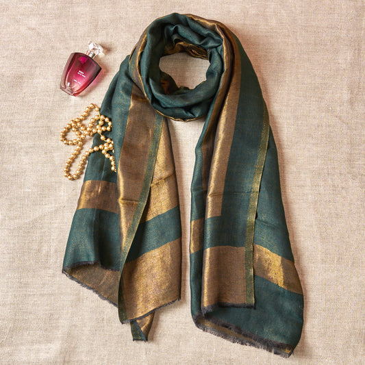 Peacock Green fine wool scarf with gold zari border, reversible autumn winter stole