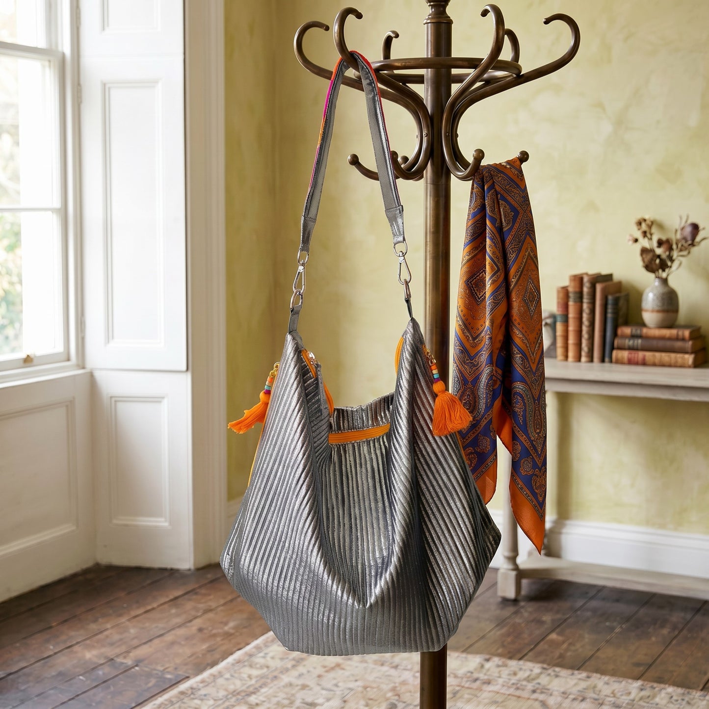 Faux Silk quilted HOBO Bag, Gunmetal Silver, hand embroidered handle, Gift for her