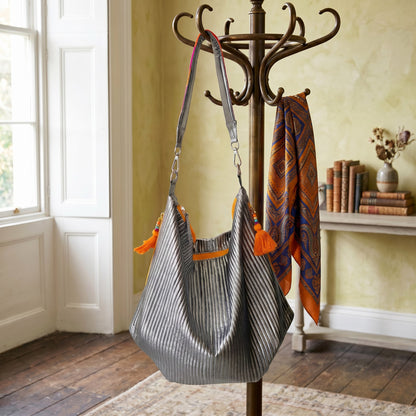 Faux Silk quilted HOBO Bag, Gunmetal Silver, hand embroidered handle, Gift for her