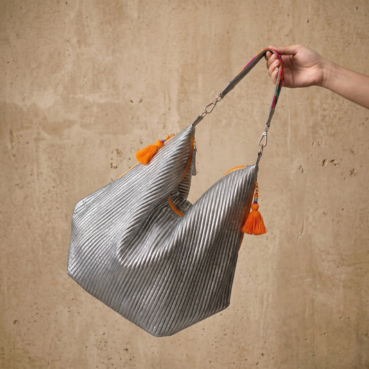 Faux Silk quilted HOBO Bag, Gunmetal Silver, hand embroidered handle, Gift for her