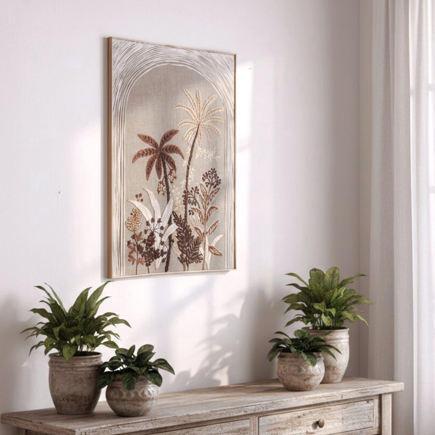 Raffia Embroidered Palm theme Wall Art on Natural Linen | Unframed or Framed | 20X26 inches - Vliving