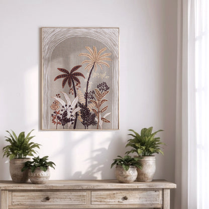 Raffia Embroidered Palm theme Wall Art on Natural Linen | Unframed or Framed | 20X26 inches - Vliving