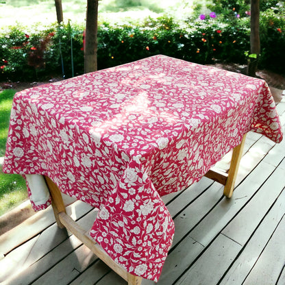 Marsala Kalamkari Cotton Tablecloth – White Floral Print | 3 Sizes | Vliving
