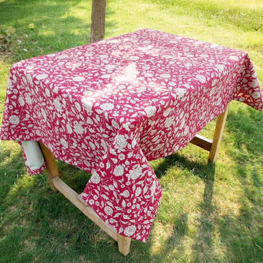 Marsala Kalamkari Cotton Tablecloth – White Floral Print | 3 Sizes | Vliving