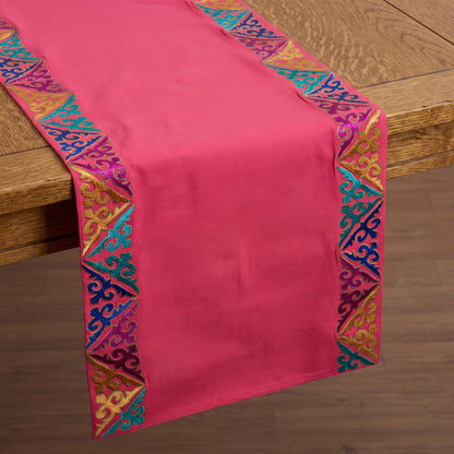 Kashidakaari Coral Red Table Runner | Geometric Border Embroidery | Cotton | 4 & 6 Seater