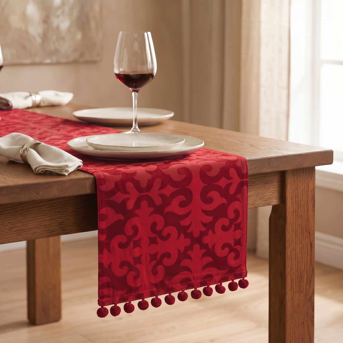 Christmas Table Runner | Red Shyrdak Pattern Print with Pompoms | Cotton - Vliving