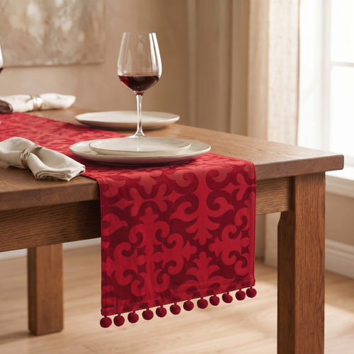 Christmas Table Runner | Red Shyrdak Pattern Print with Pompoms | Cotton