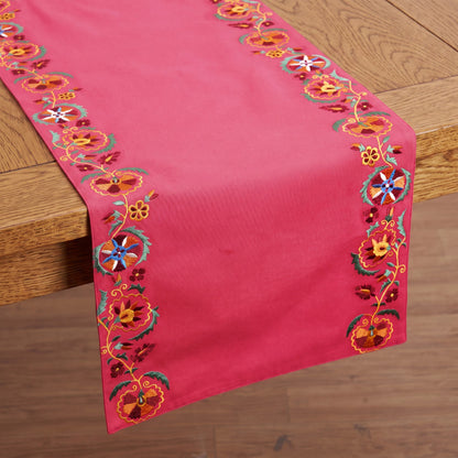 Kashidakaari Coral Red Table Runner | Embroidered Suzani Border | 100% Cotton