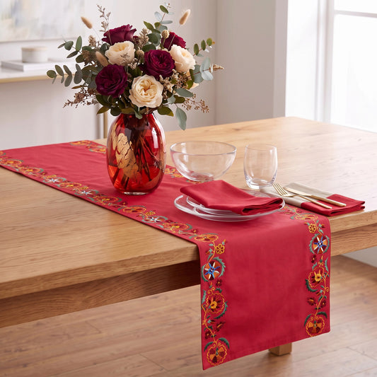 Kashidakaari Coral Red Table Runner | Embroidered Suzani Border | 100% Cotton