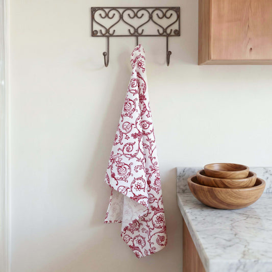 Red & White Victorian Swirl Print Cotton Kitchen Towel | 100% Cotton | 20"×28"