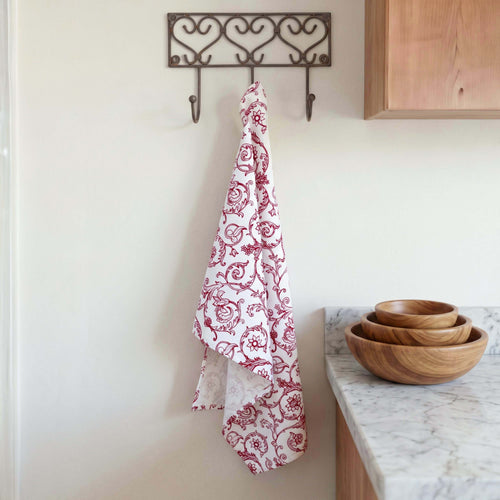 Red & White Victorian Swirl Print Cotton Kitchen Towel | 100% Cotton | 20