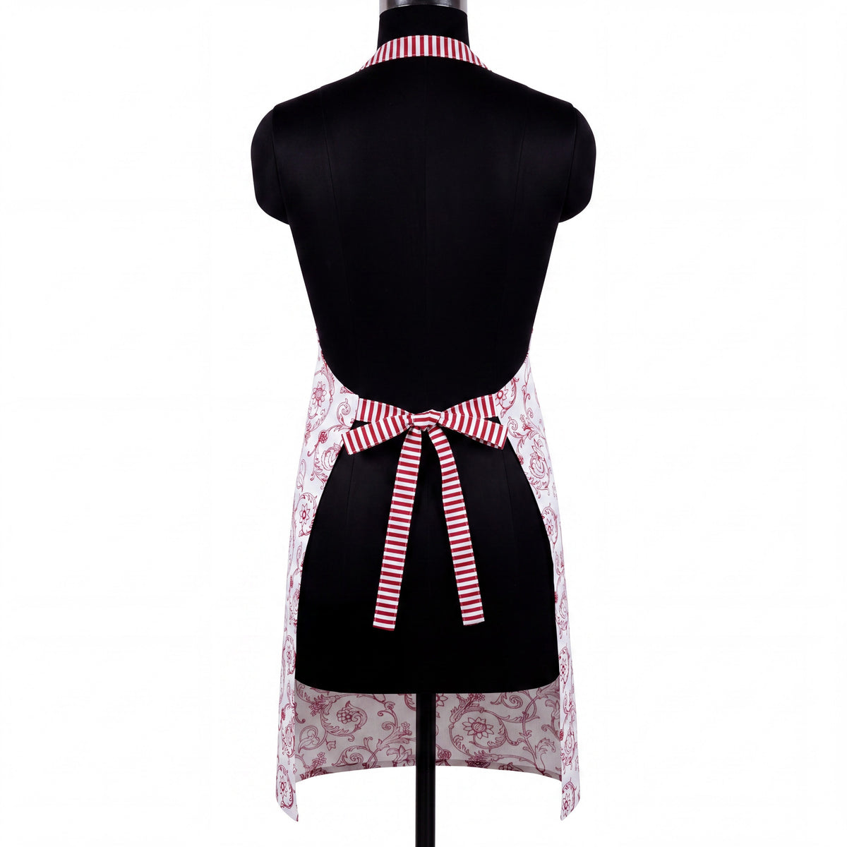 Red & White Victorian Swirl Print Cotton Apron | Striped Ties & Pocket | Handmade in India