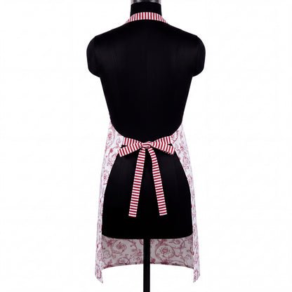 Red & White Victorian Swirl Print Cotton Apron | Striped Ties & Pocket | Handmade in India