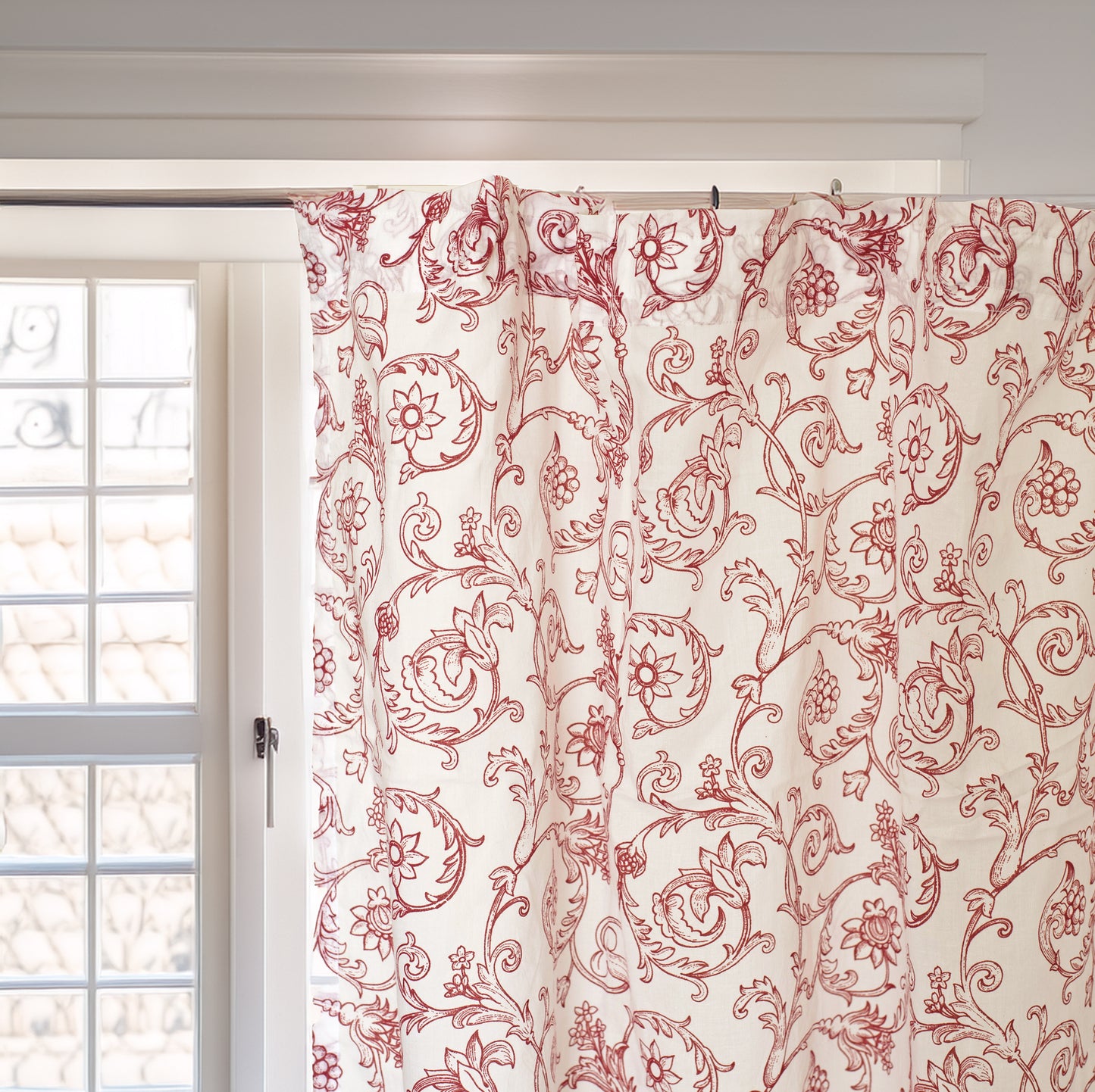 Swirl - Cotton voile sheer printed curtain panel in red colour