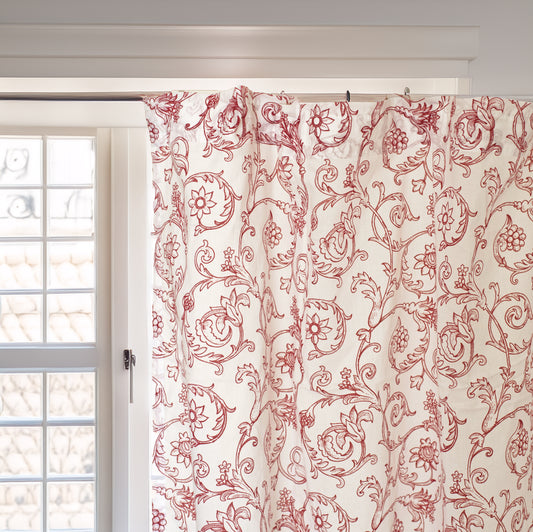Swirl - Cotton voile sheer printed curtain panel in red colour