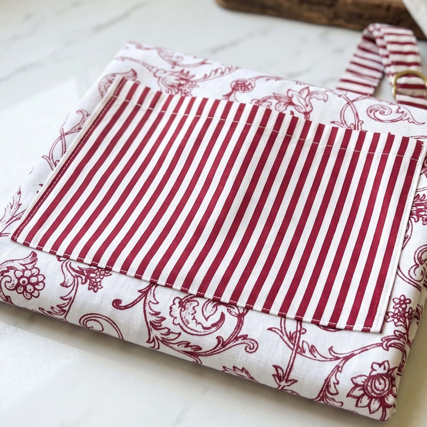 Red & White Victorian Swirl Print Cotton Apron | Striped Ties & Pocket | Handmade in India