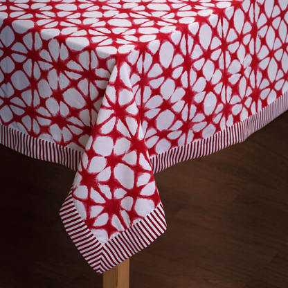 Red & White Tie Dye Prism Print Cotton Tablecloth with Red Border | 4 & 6 Seater