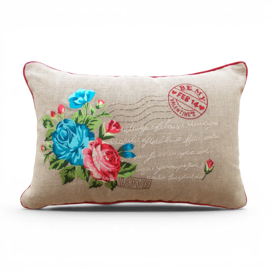 Valentine Rose Bunch Linen Cushion Cover – Vintage Postcard Style | Coral & Turquoise | 14×21" - Vliving