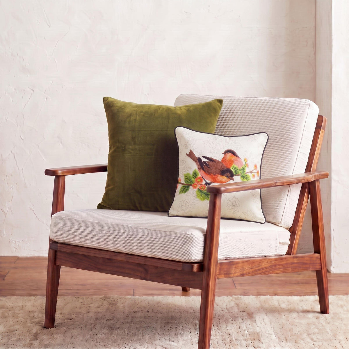 Love Birds Embroidered Cotton Cushion Cover – Rust & Brown Robins on Floral Branch, Off White, 12"x12" - Vliving