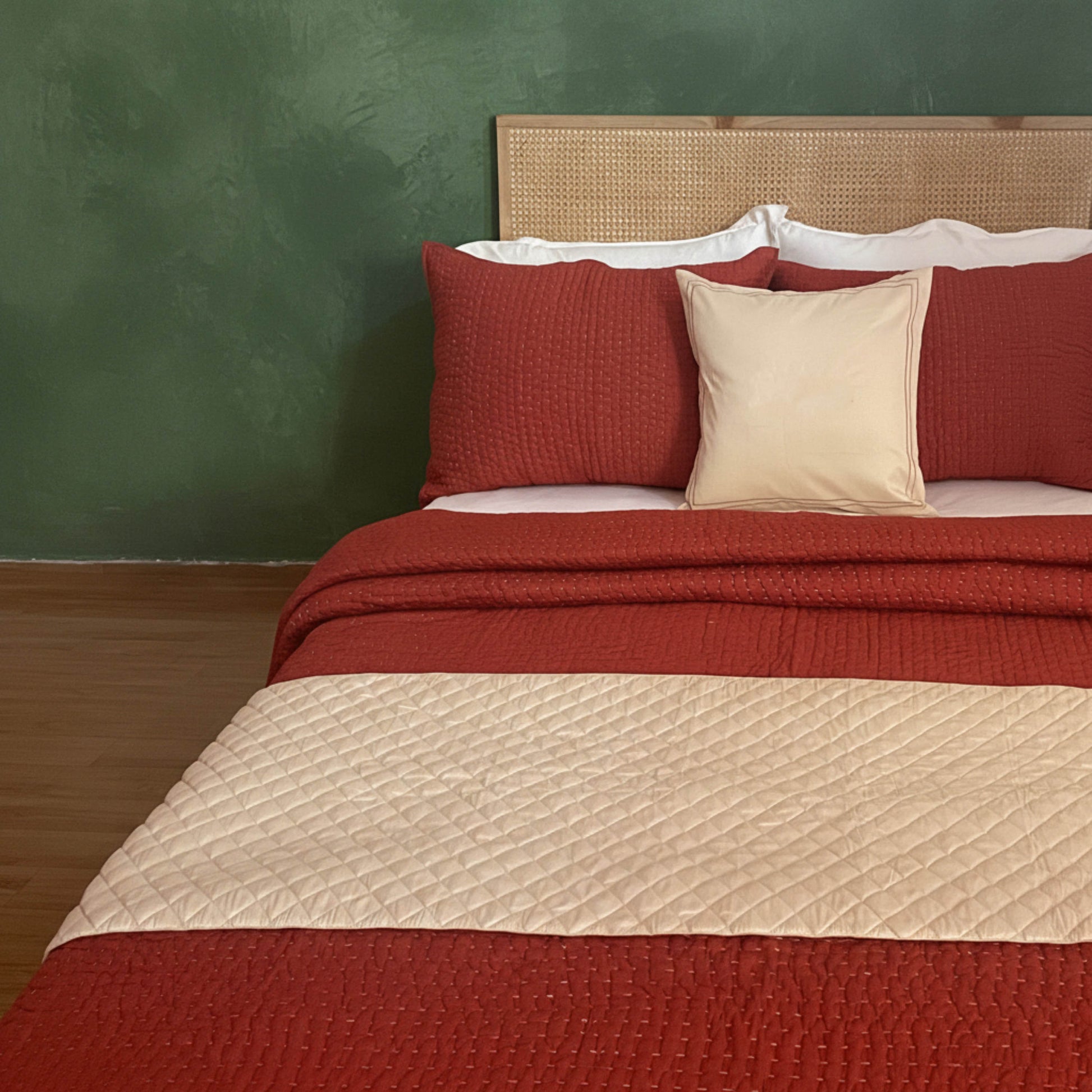 BEIGE Bed Runner Set with Quilted Bed Runner and Embroidered Pillow cover in Faux Silk - Vliving