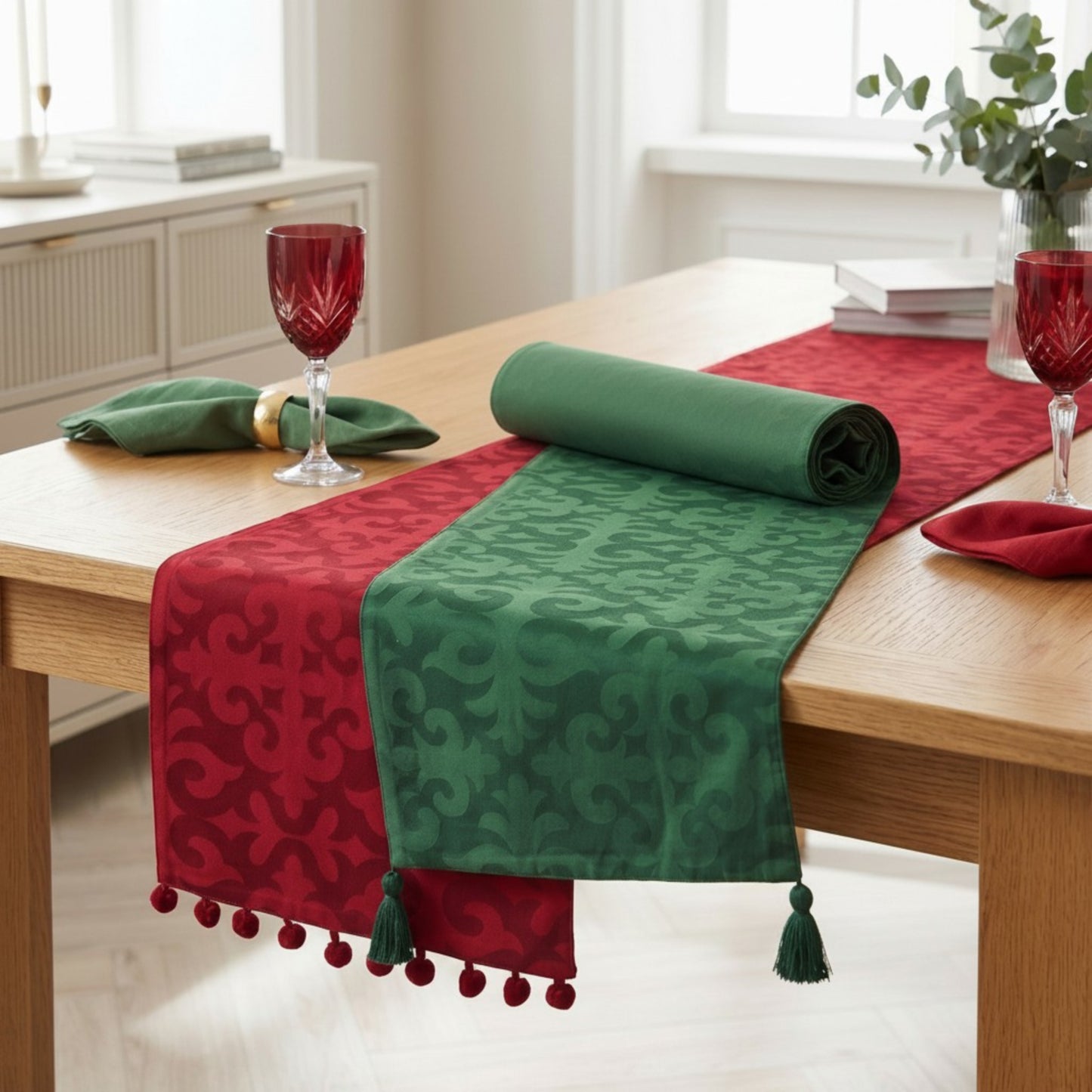 Shyrdak Tropical Green Table Runner | Moroccan Print & Green Tassels | 2 Sizes - Vliving
