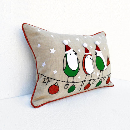 Christmas linen pillow cover, birds, ornaments, Indian brocade