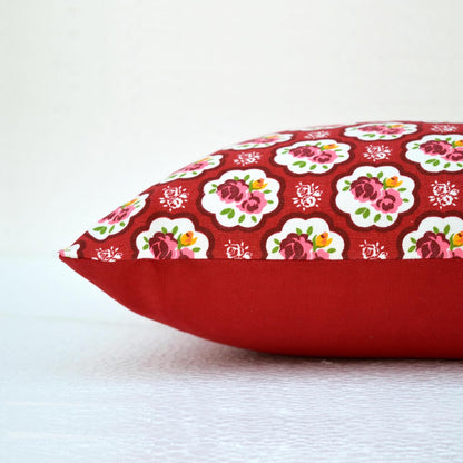 Red Shabby chic cotton pillow cover, vintage rose print, sizes available.