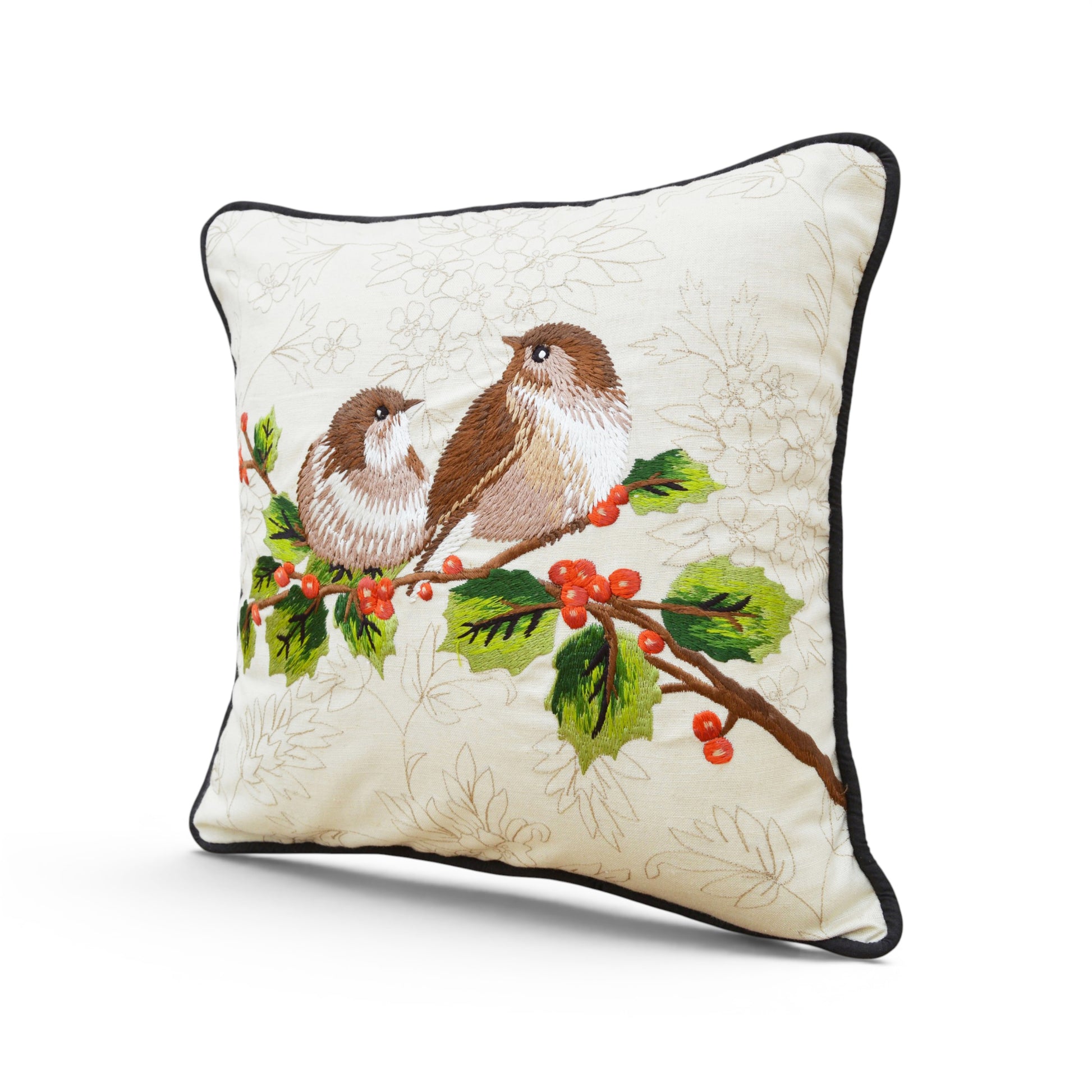Brown Love Birds Embroidered Cotton Throw Pillow Cover – Off White, 12"x12" - Vliving