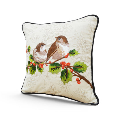 Brown Love Birds Embroidered Cotton Throw Pillow Cover – Off White, 12"x12" - Vliving
