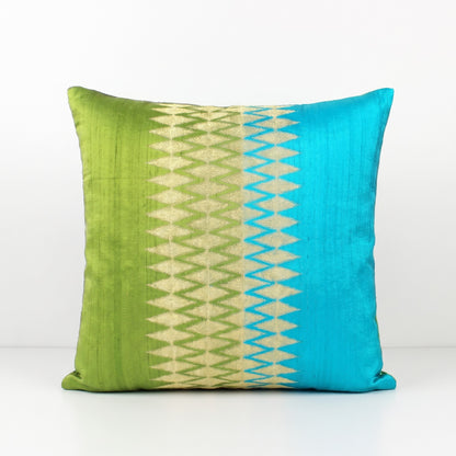 Ikat Silk Dupion Cushion Cover – Turquoise & Lime Green Colour Block with Gold Zari Embroidery | 4 Sizes