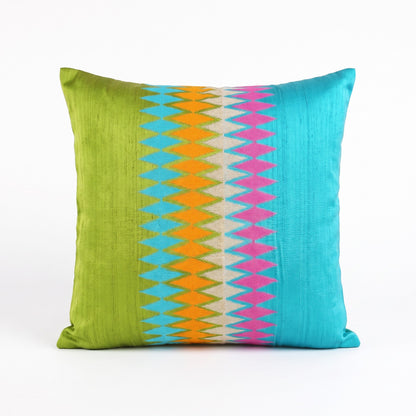 Ikat Silk Dupion Cushion Cover – Lime Green & Turquoise with Multicolour Ikat Embroidery | 4 Sizes