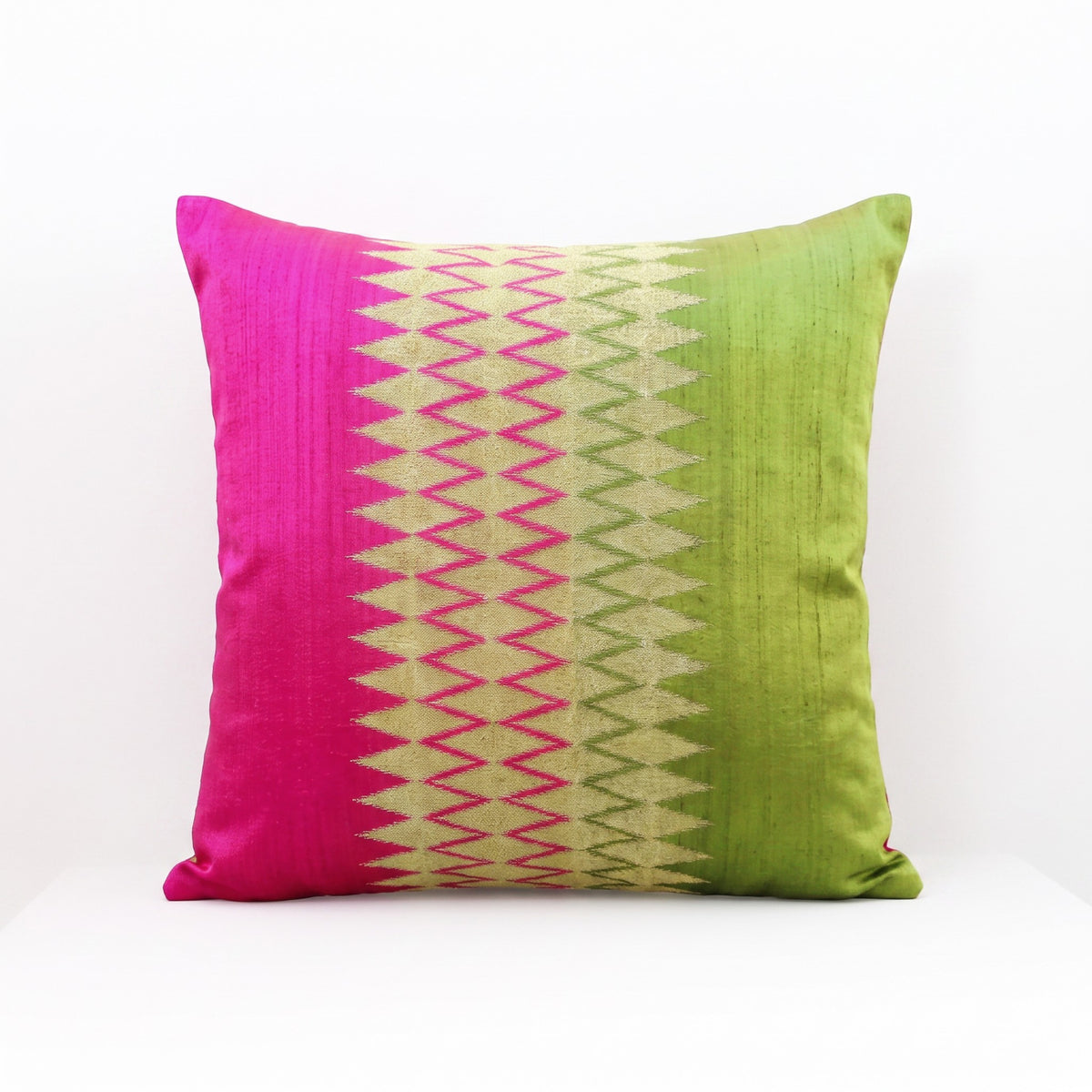 Ikat Silk Dupion Cushion Cover – Hot Pink & Lime Green Colour Block with Gold Zari Embroidery | 4 Sizes