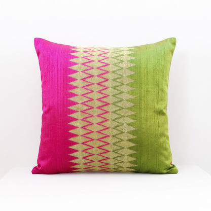 Ikat Silk Dupion Cushion Cover – Hot Pink & Lime Green Colour Block with Gold Zari Embroidery | 4 Sizes