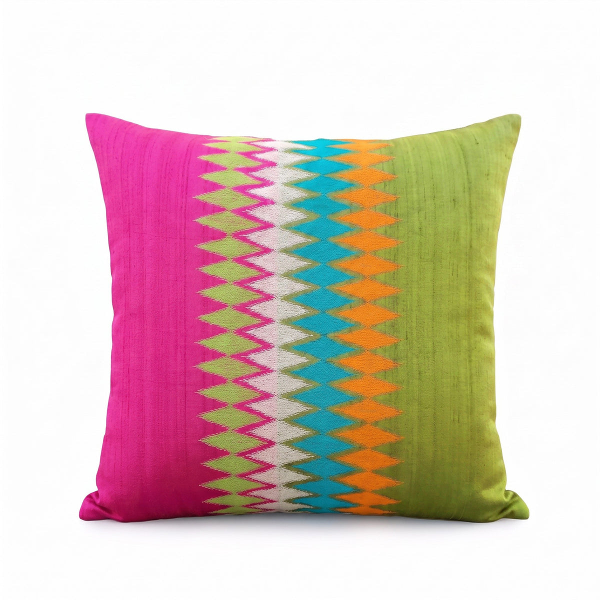 Ikat Silk Dupion Cushion Cover – Hot Pink & Lime Green with Multicolour Ikat Embroidery | 4 Sizes