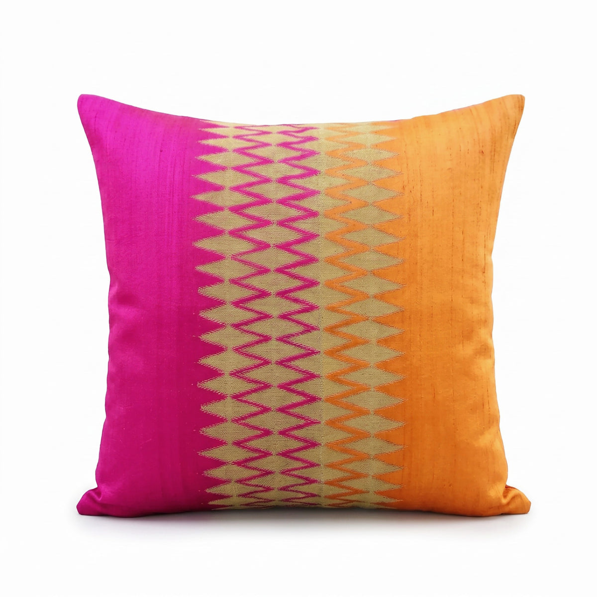 Ikat Silk Dupion Cushion Cover – Hot Pink & Amber Orange Colour Block with Gold Zari Embroidery | 4 Sizes