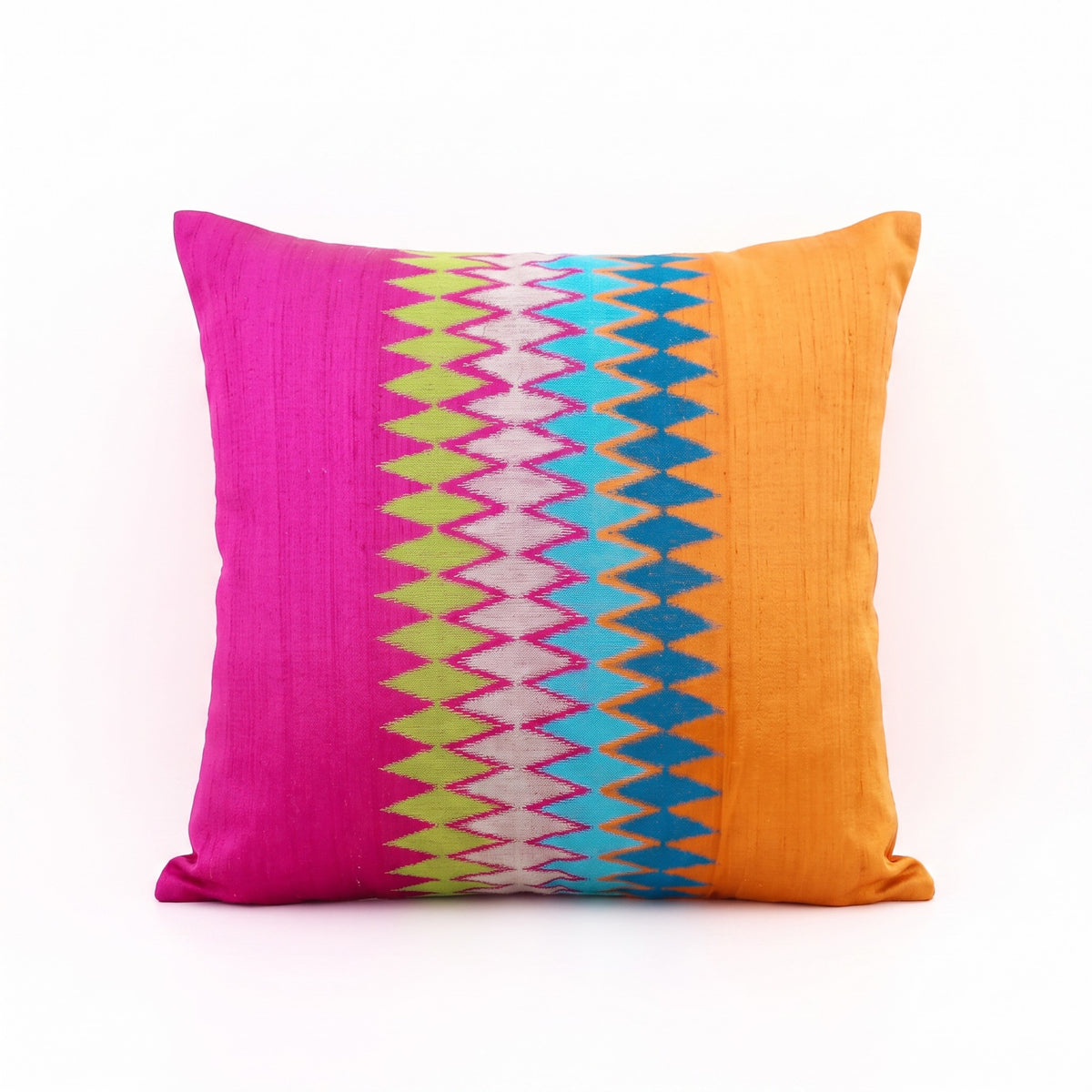 Ikat Hot Pink & Orange Silk Dupion Cushion Cover – Multicolour Chevron Embroidery | 4 Sizes