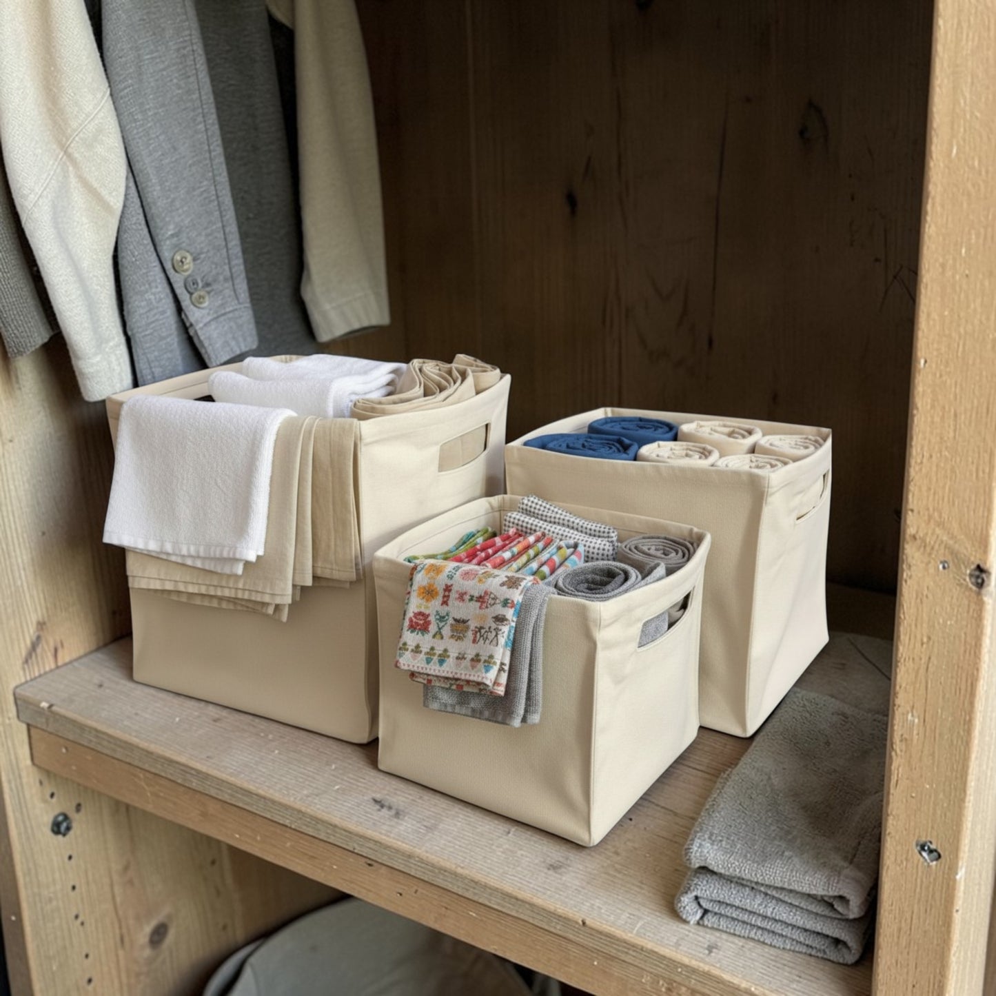 Square Storage Baskets in Natural Cotton Canvas - Vliving