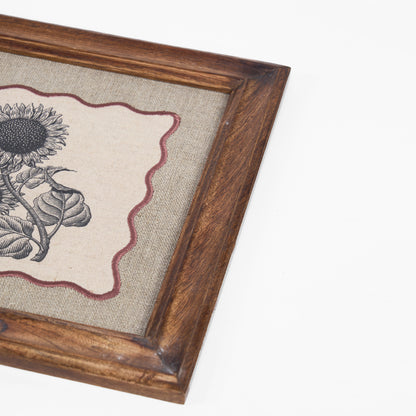 BOTANICAL wall art, Sunflower motif with wooden frame, 12X12 inches