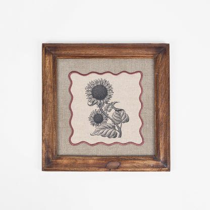 BOTANICAL wall art, Sunflower motif with wooden frame, 12X12 inches