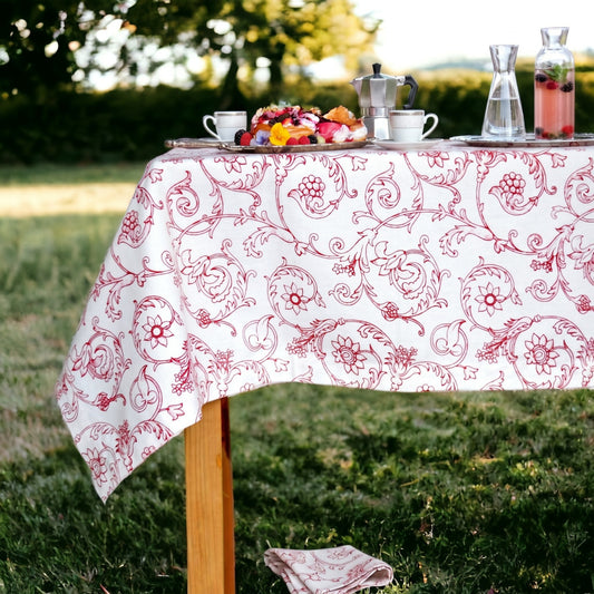 Red & White Victorian Swirl Print Cotton Tablecloth | 1-Inch Hem | 100% Cotton - Vliving