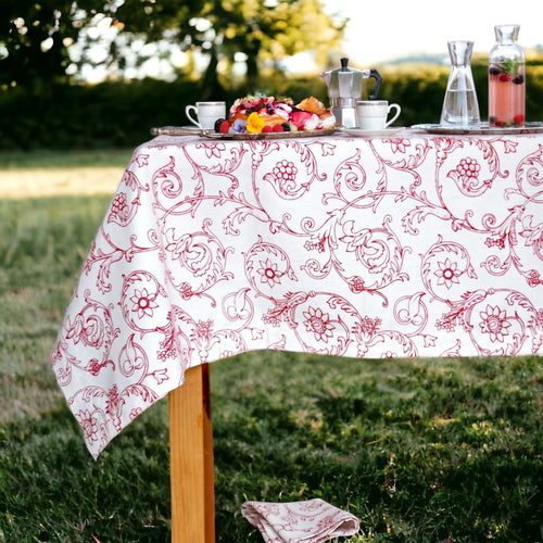 Red & White Victorian Swirl Print Cotton Tablecloth | 1-Inch Hem | 100% Cotton