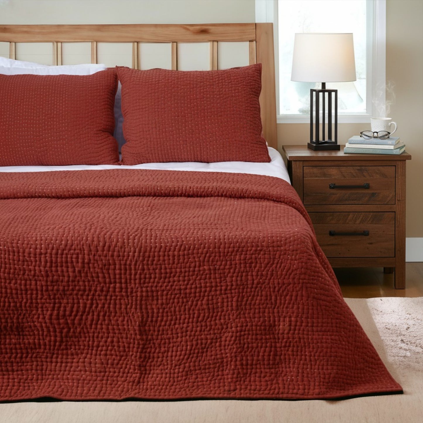 Terracotta Kantha Quilt | Hand Quilted 4-Layer Muslin Gauze | Twin, Queen & King - Vliving