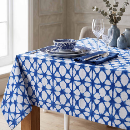 Blue & White Tie Dye Prism Print Cotton Tablecloth | 4 & 6 Seater Sizes