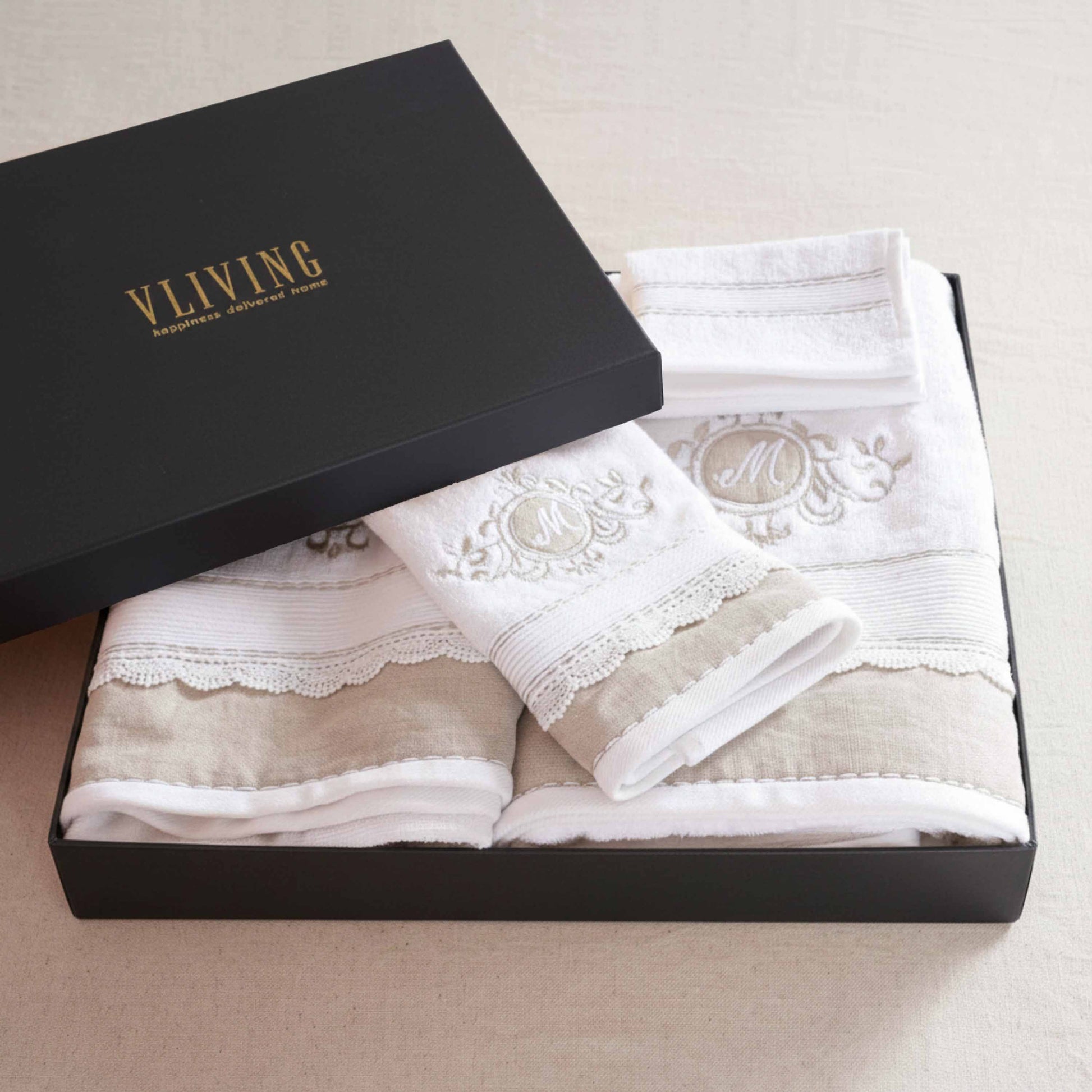 GIFT PACK - Luxury Towel Set – 4 Pieces | Customizable with Monogram | Linen Appliqué and Embroidery - Vliving