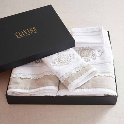 GIFT PACK - Luxury Towel Set – 4 Pieces | Customizable with Monogram | Linen Appliqué and Embroidery - Vliving
