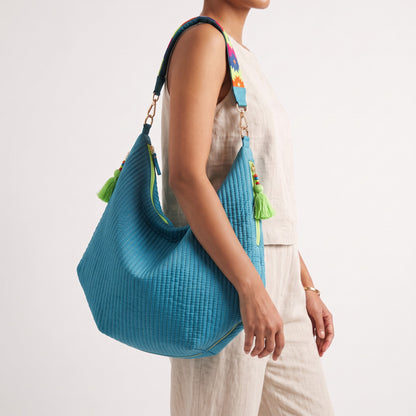 Faux Silk Quilted Hobo Bag | Turquoise | Hand Embroidered Handle | 3 Handle Sizes